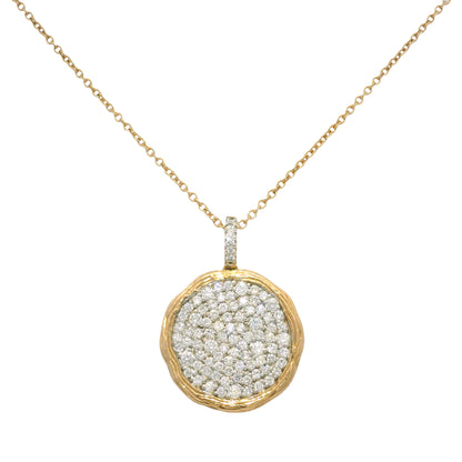 14k Rose Gold Natural 1.15 Carat Diamond Pave Textured Disc Necklace