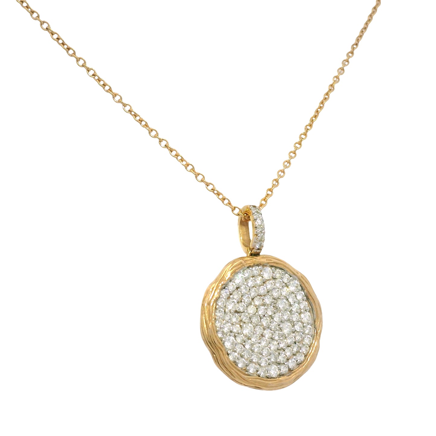 14k Rose Gold Natural 1.15 Carat Diamond Pave Textured Disc Necklace
