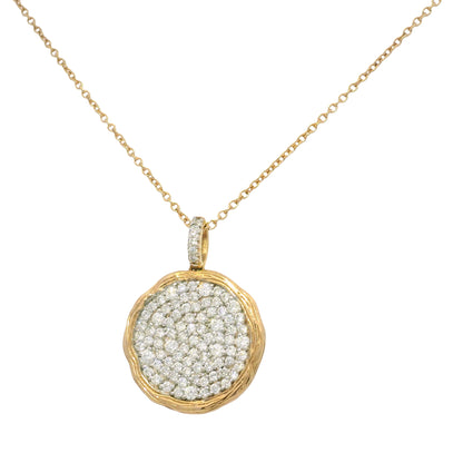 14k Rose Gold Natural 1.15 Carat Diamond Pave Textured Disc Necklace