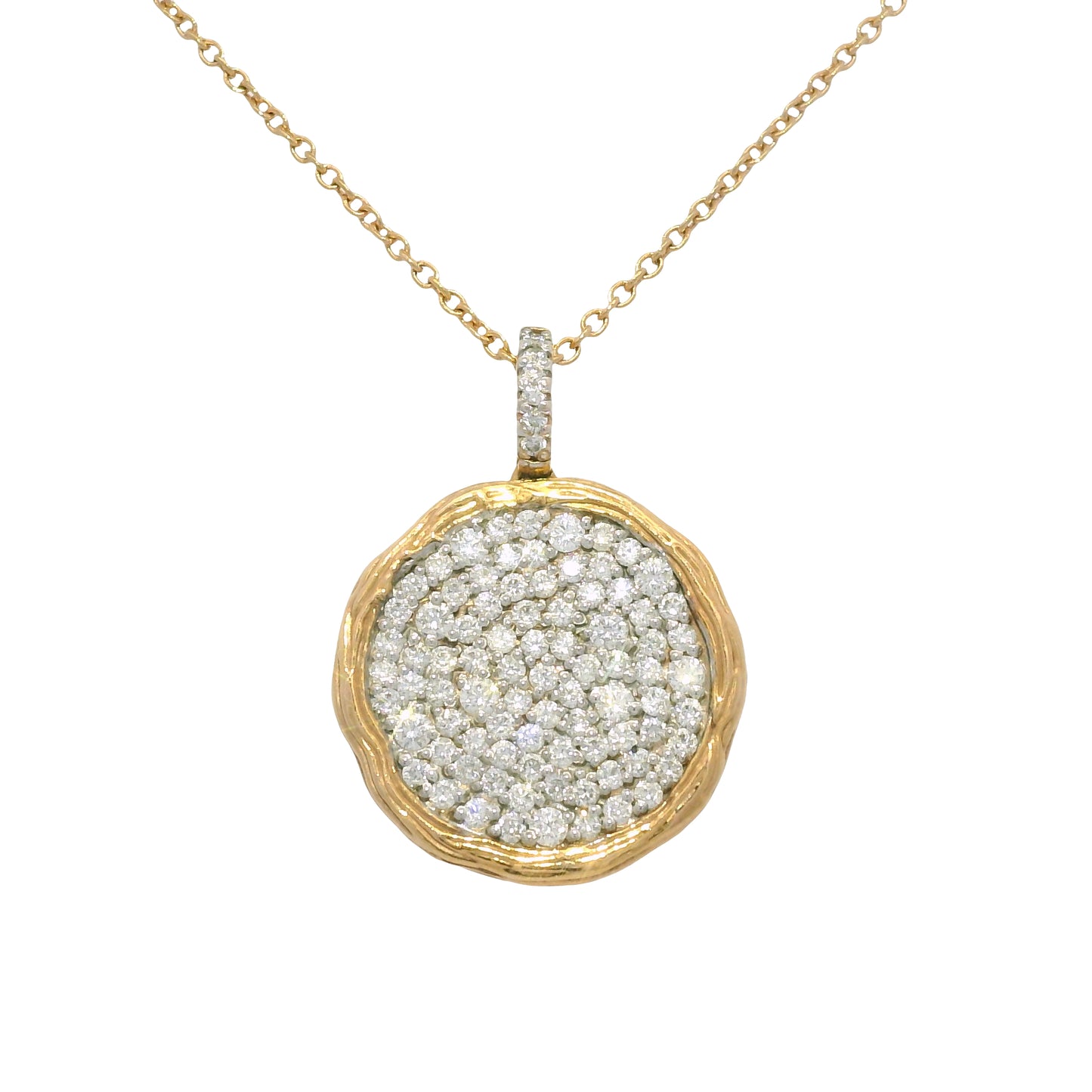 14k Rose Gold Natural 1.15 Carat Diamond Pave Textured Disc Necklace