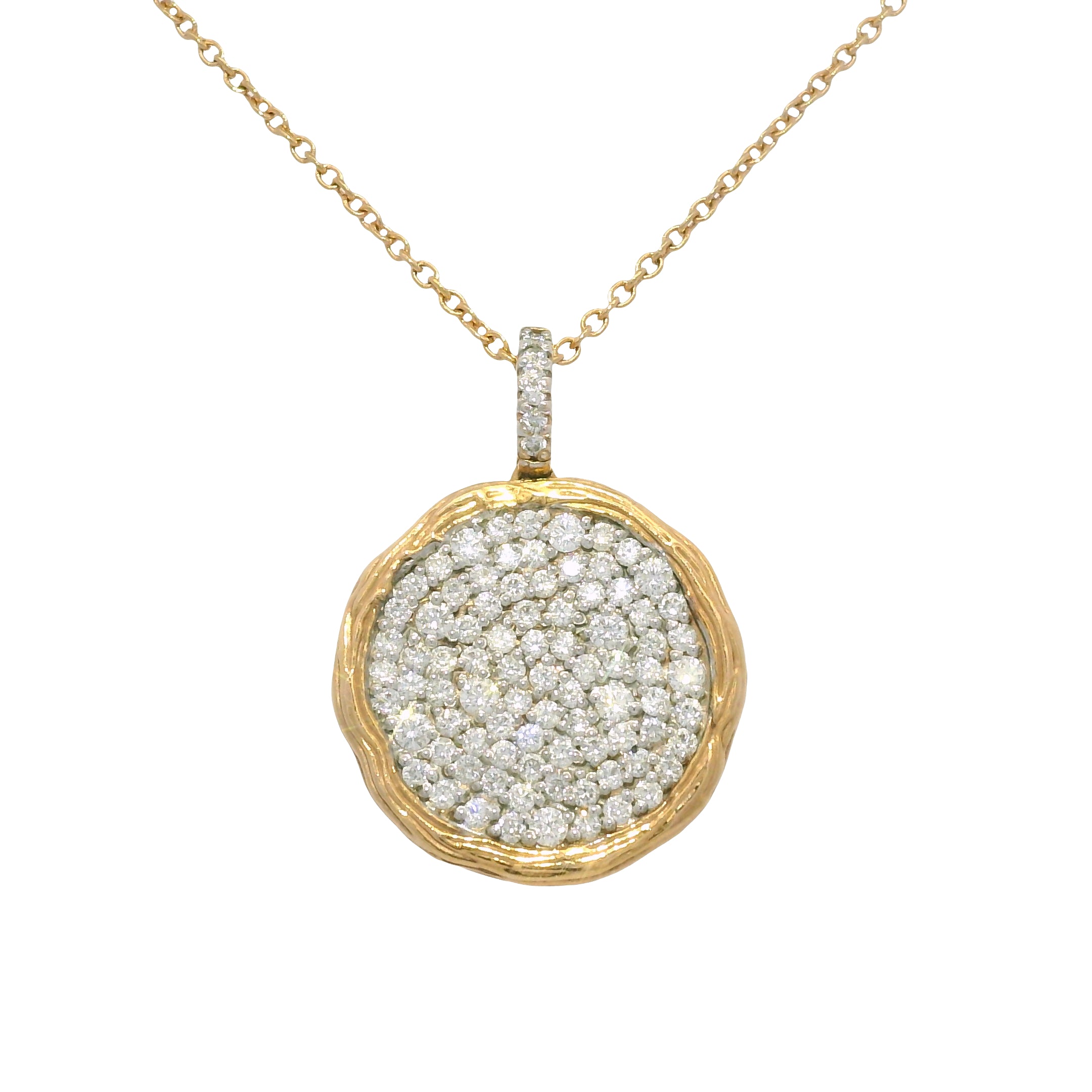 14k Rose Gold Natural 1.15 Carat Diamond Pave Textured Disc Necklace