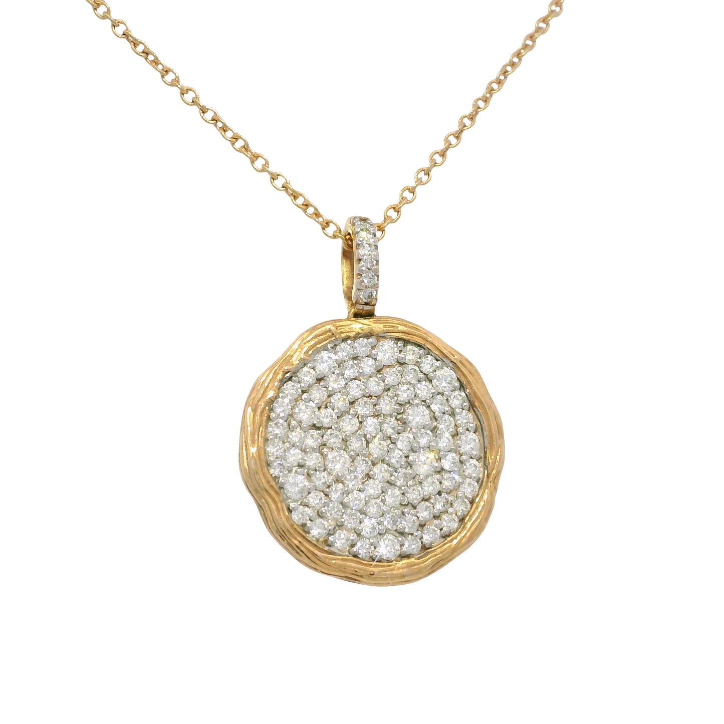 14k Rose Gold Natural 1.15 Carat Diamond Pave Textured Disc Necklace