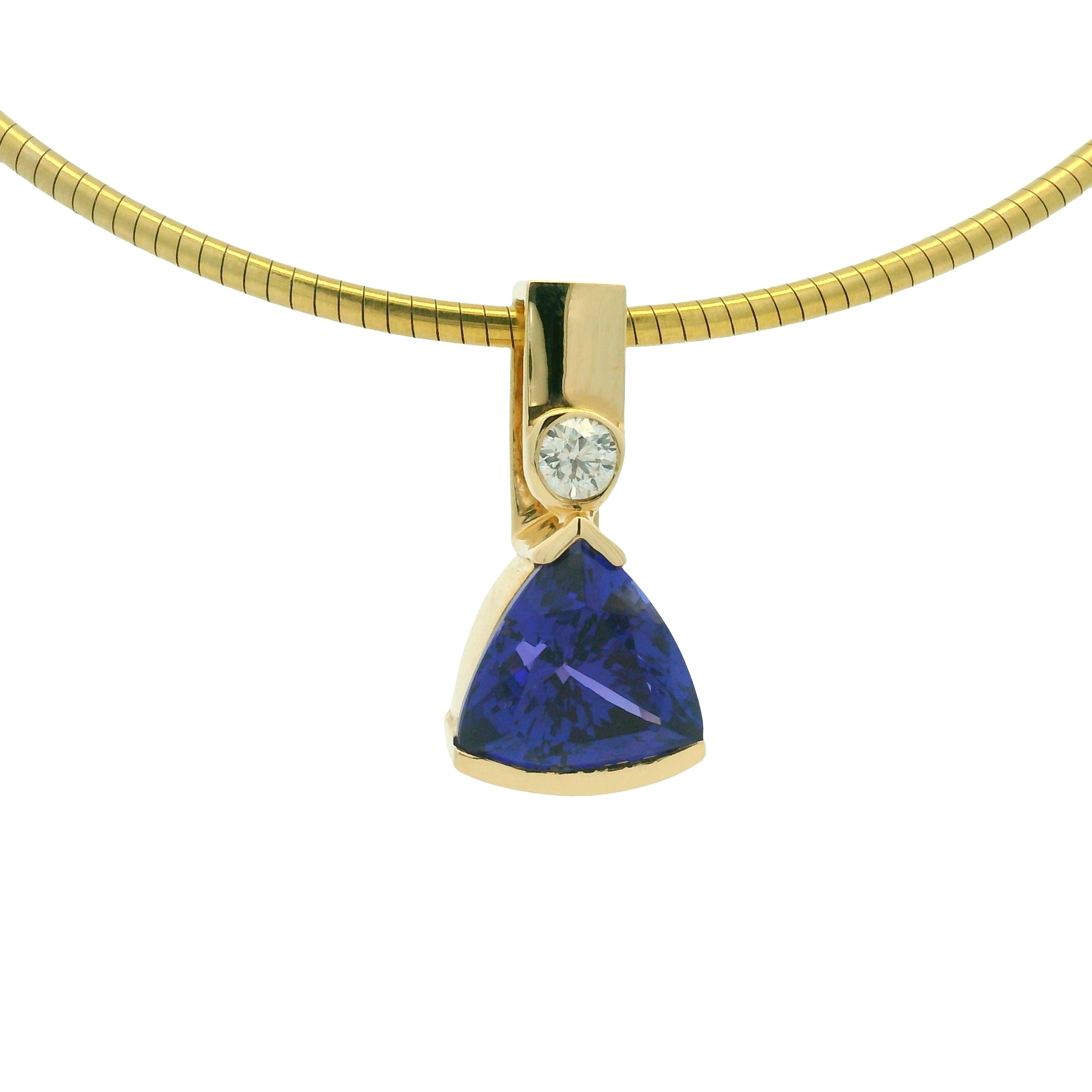 14K Yellow Gold Trillion Tanzanite 6.65Cwt With Natural Round Diamond 0.24 Cwt Pendant Necklace