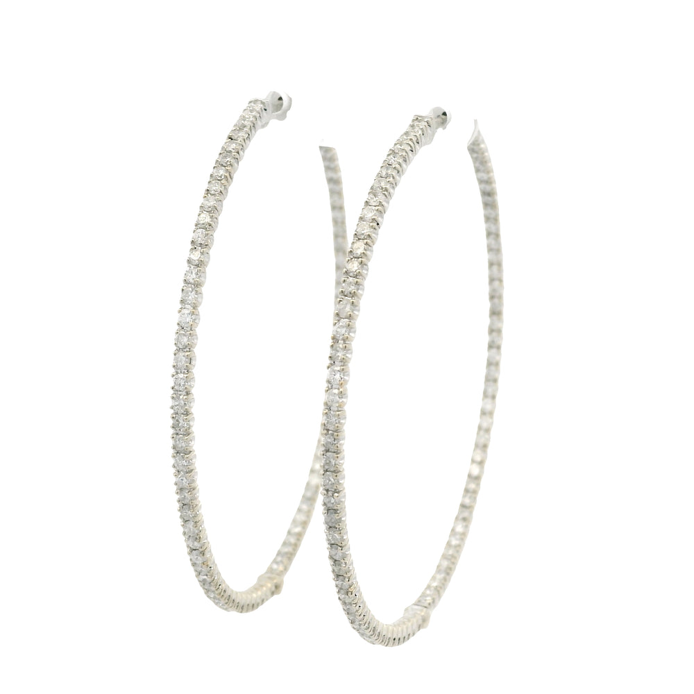14k White Gold Natural Round Brilliant Cut Diamond Large Thin Hoop Earrings