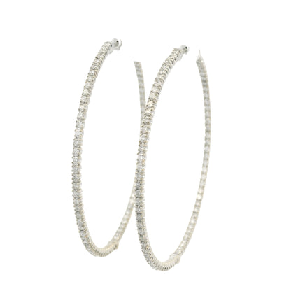14k White Gold Natural Round Brilliant Cut Diamond Large Thin Hoop Earrings