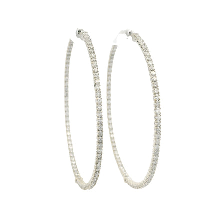 14k White Gold Natural Round Brilliant Cut Diamond Large Thin Hoop Earrings