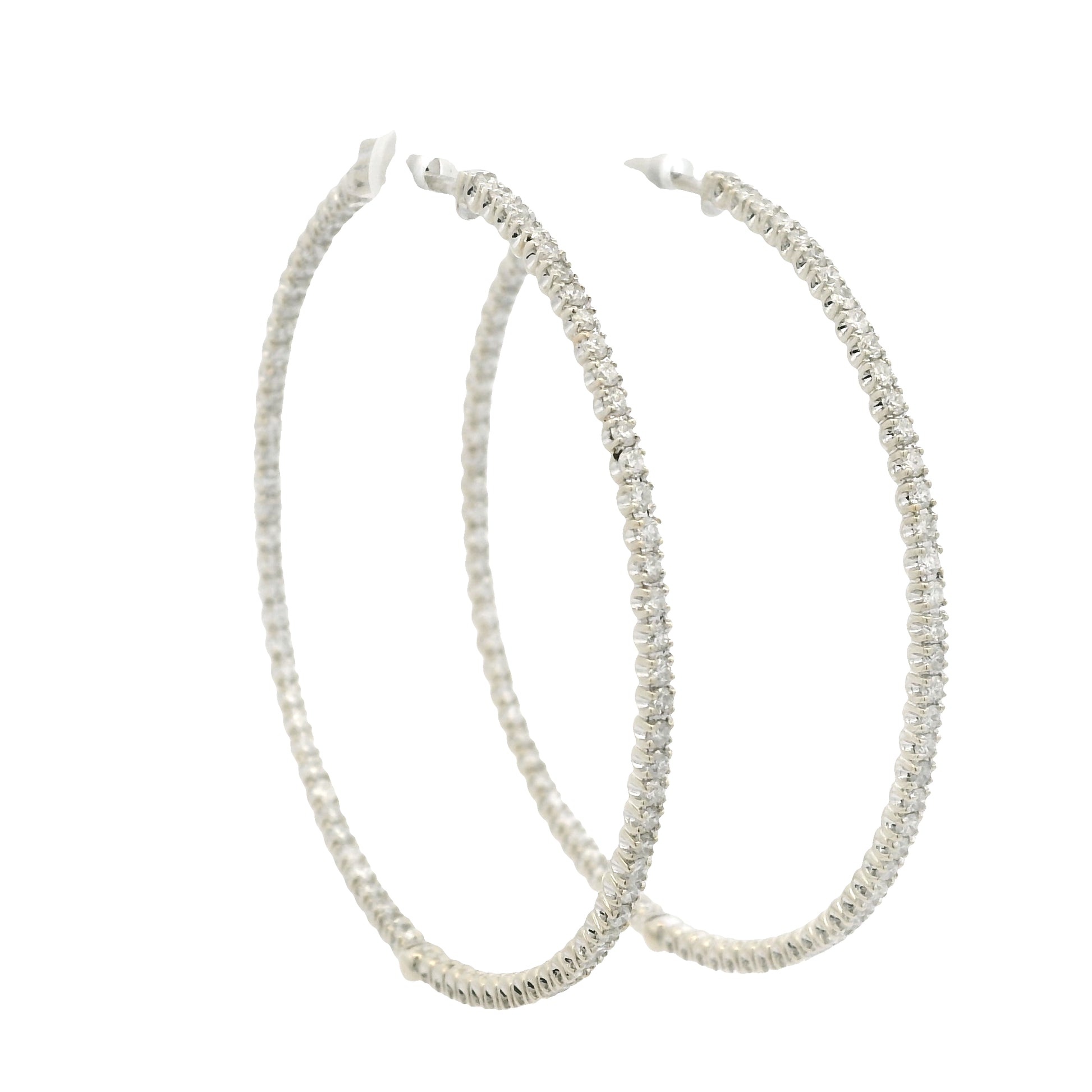 14k White Gold Natural Round Brilliant Cut Diamond Large Thin Hoop Earrings