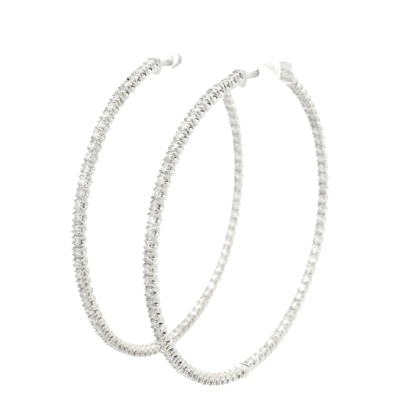 14k White Gold Natural Round Brilliant Cut Diamond Large Thin Hoop Earrings