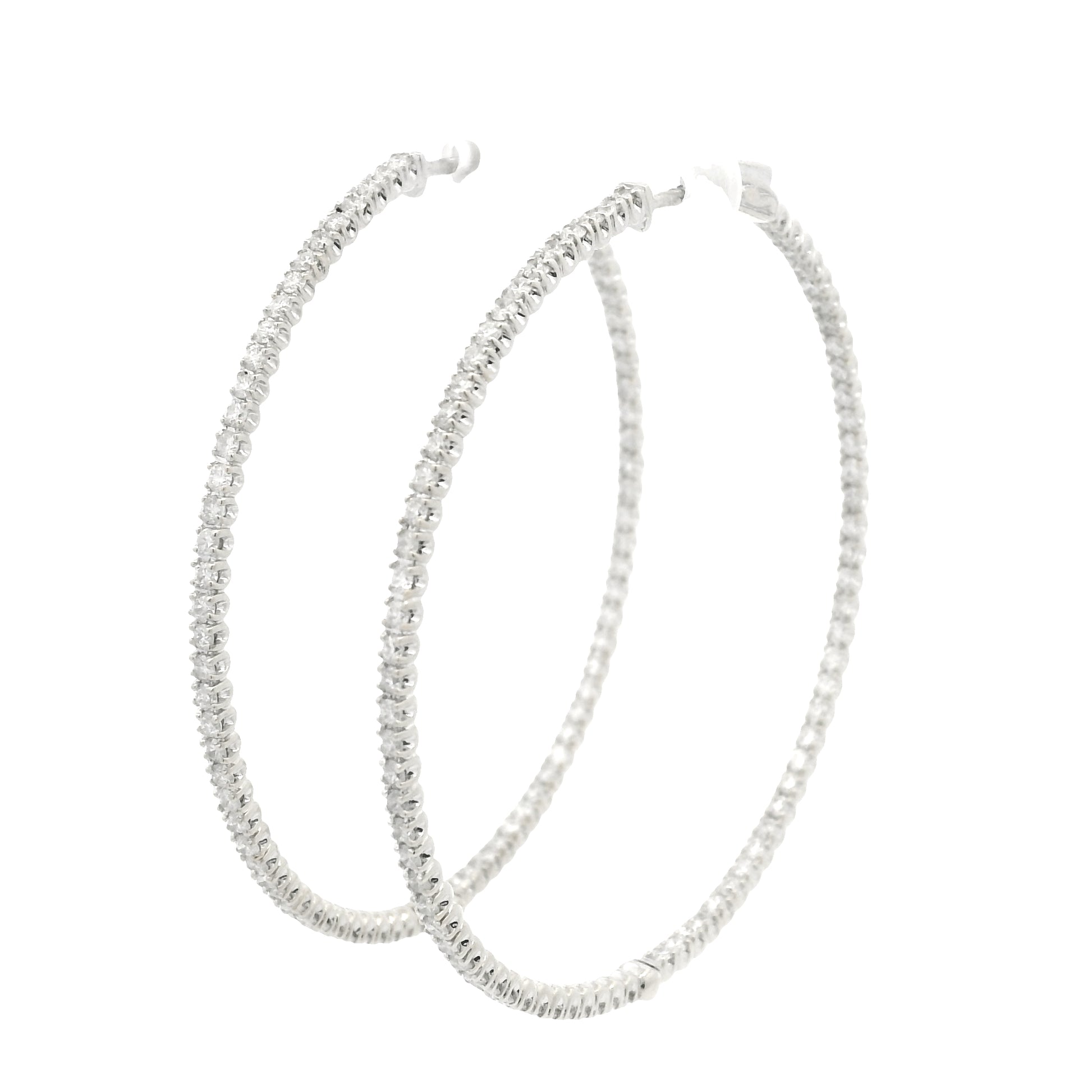 14k White Gold Natural Round Brilliant Cut Diamond Large Thin Hoop Earrings