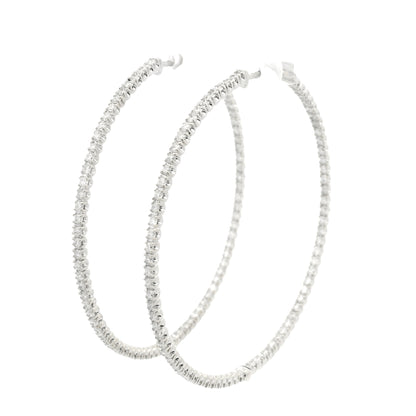 14k White Gold Natural Round Brilliant Cut Diamond Large Thin Hoop Earrings