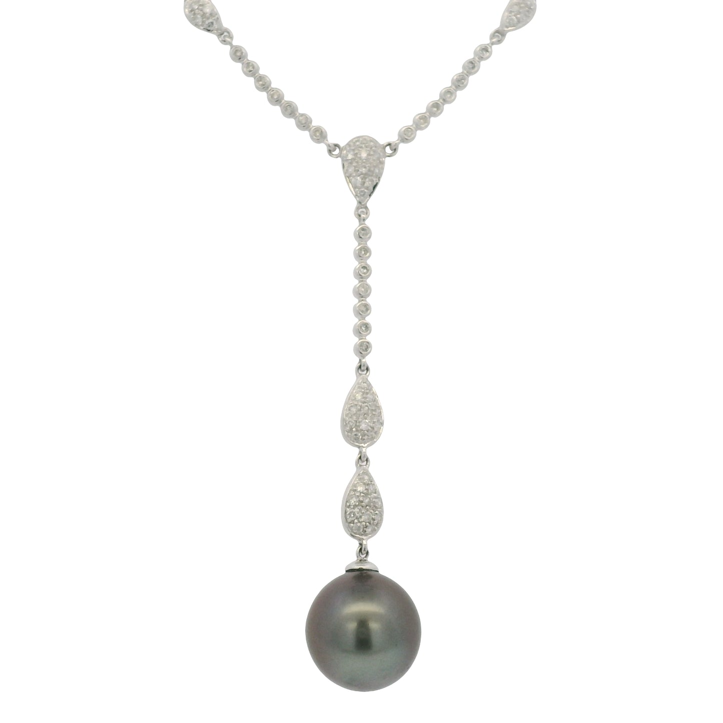 14k White Gold Black Pearl & Diamond Pave Drop Necklace