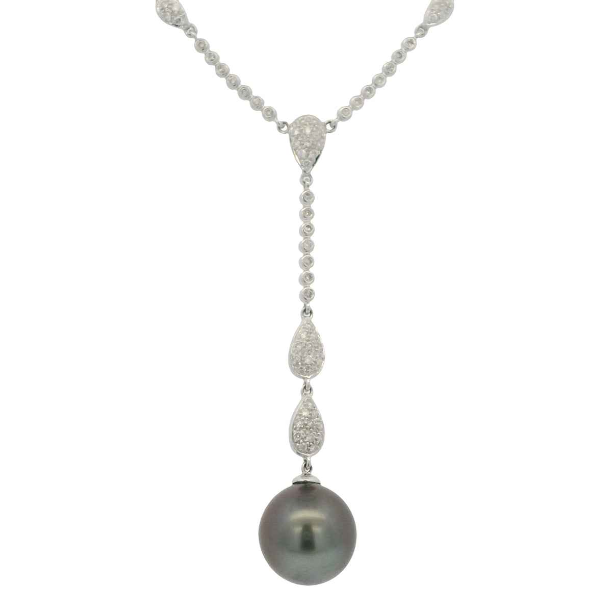 14k White Gold Black Pearl & Diamond Pave Drop Necklace — product photo 1