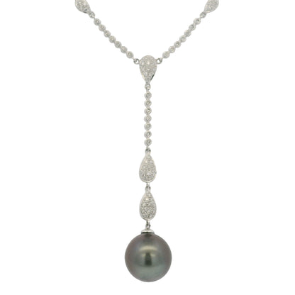 14k White Gold Black Pearl & Diamond Pave Drop Necklace