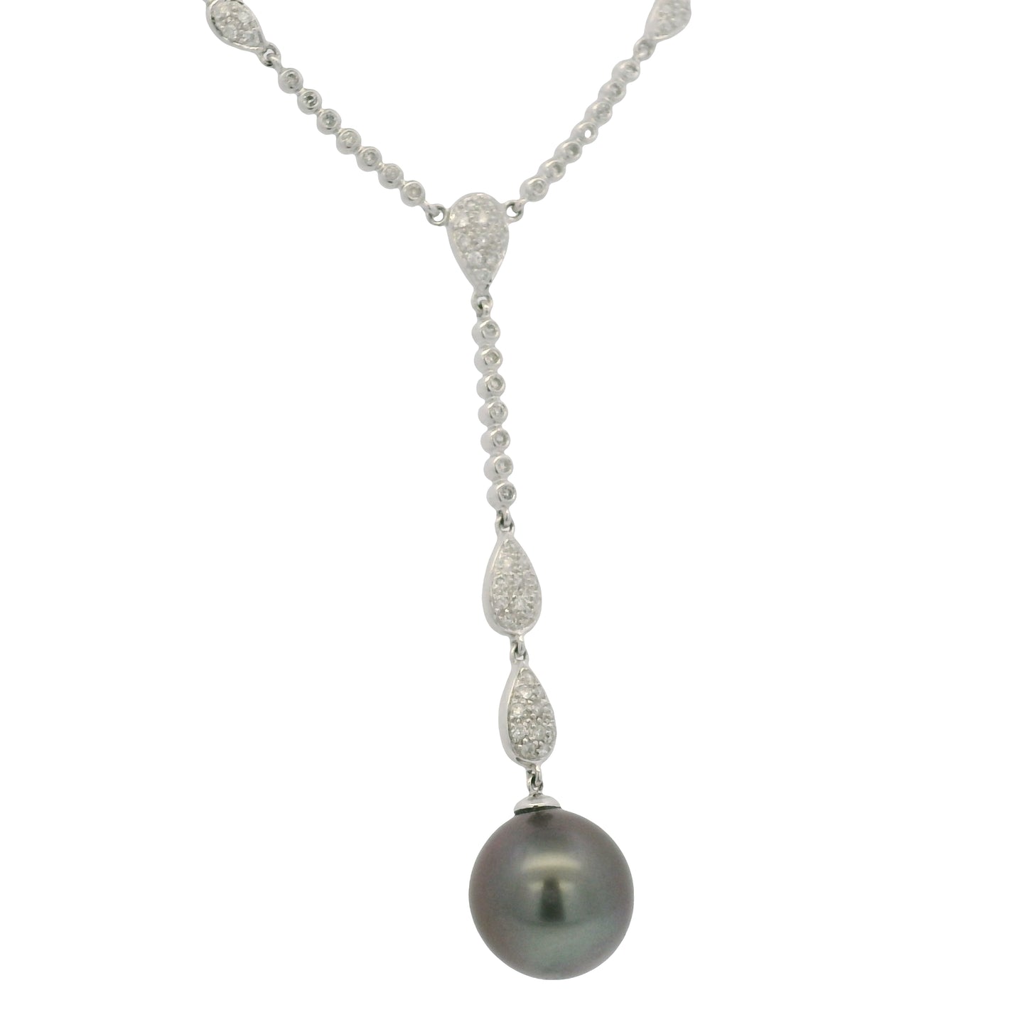 14k White Gold Black Pearl & Diamond Pave Drop Necklace