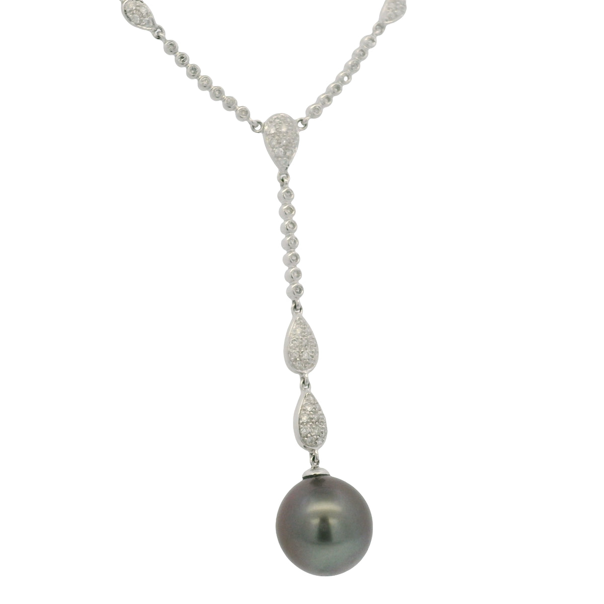 14k White Gold Black Pearl & Diamond Pave Drop Necklace — product photo 4