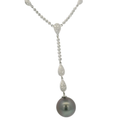 14k White Gold Black Pearl & Diamond Pave Drop Necklace