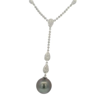 14k White Gold Black Pearl & Diamond Pave Drop Necklace