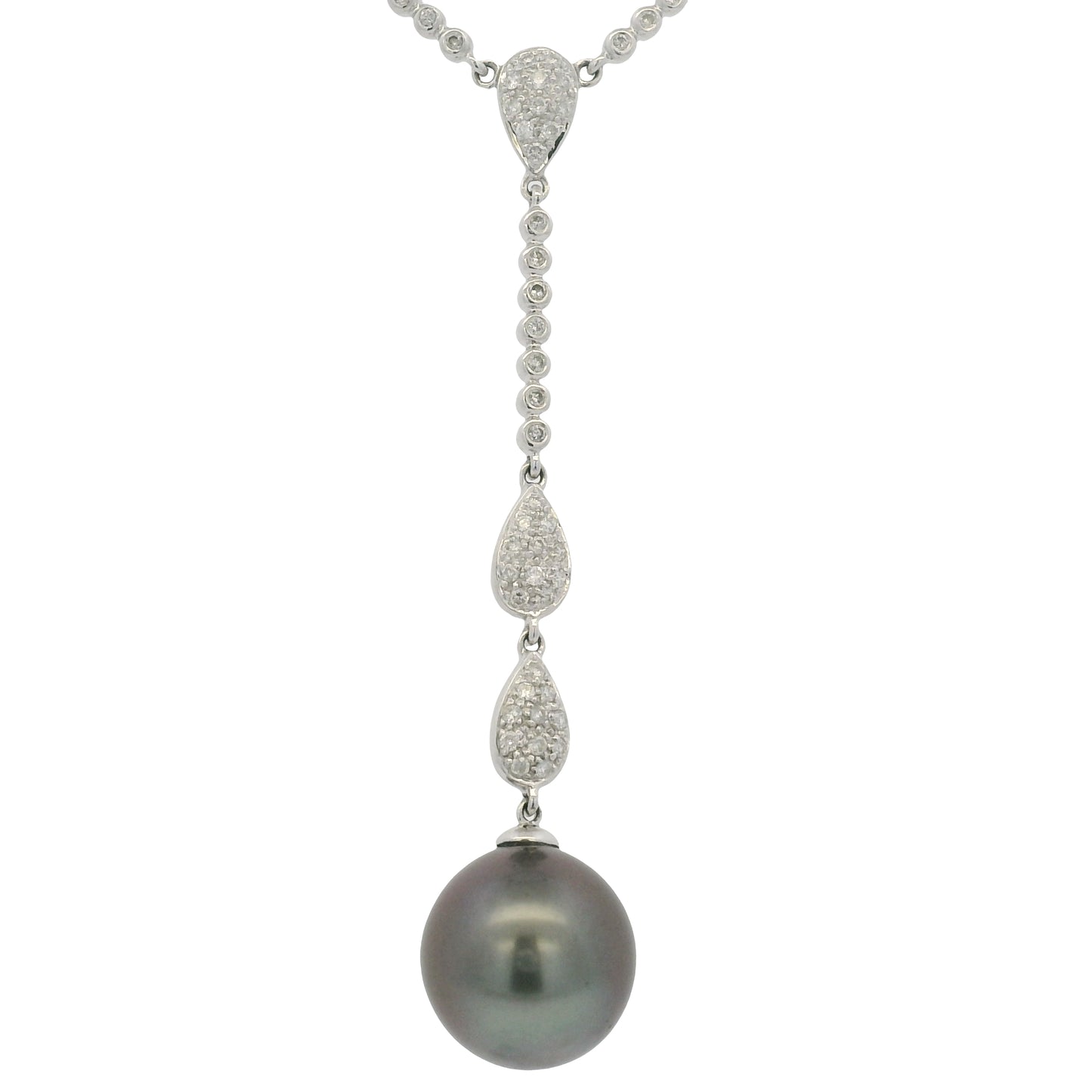14k White Gold Black Pearl & Diamond Pave Drop Necklace