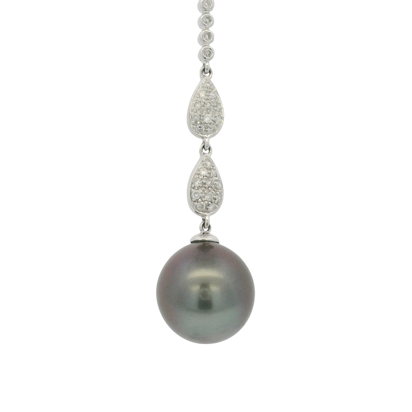 14k White Gold Black Pearl & Diamond Pave Drop Necklace