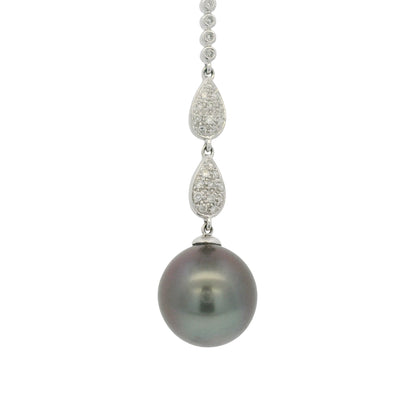 14k White Gold Black Pearl & Diamond Pave Drop Necklace