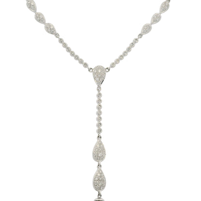 14k White Gold Black Pearl & Diamond Pave Drop Necklace