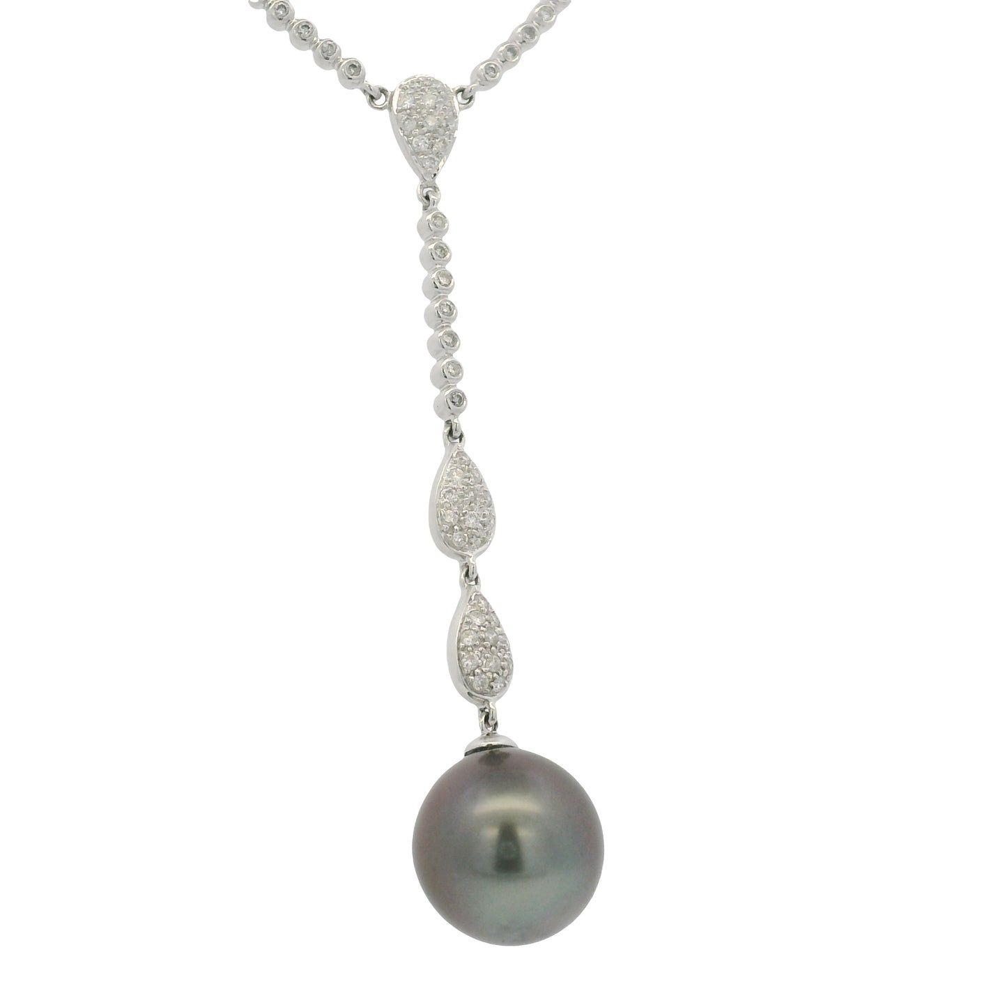 14k White Gold Black Pearl & Diamond Pave Drop Necklace
