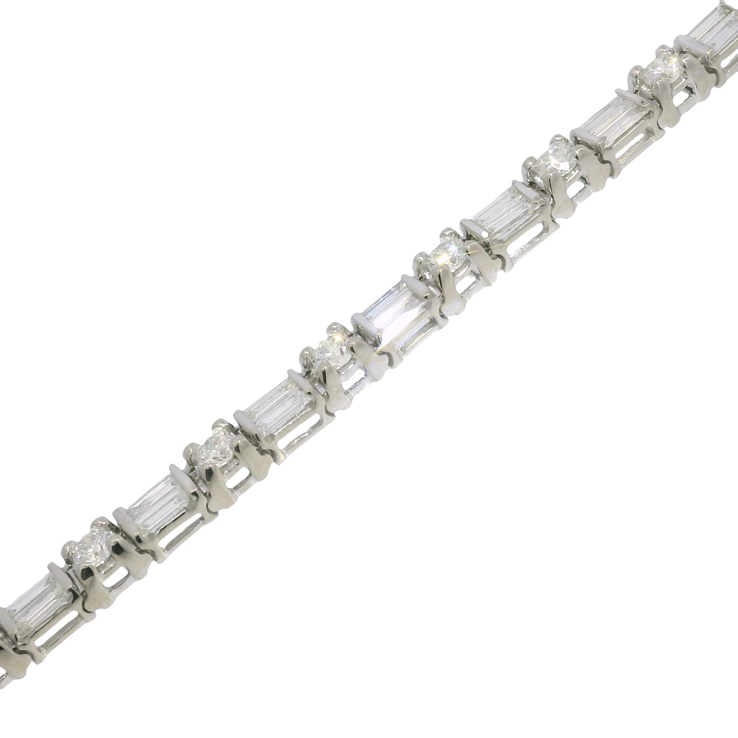 14k White Gold Natural Round Brilliant & Baguette Cut Diamond Tennis Bracelet