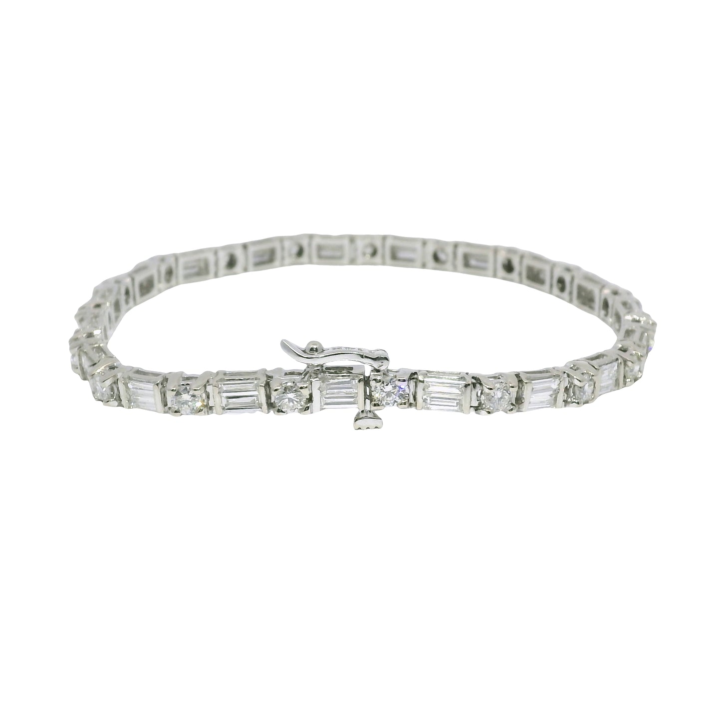 14k White Gold Natural Round Brilliant & Baguette Cut Diamond Tennis Bracelet