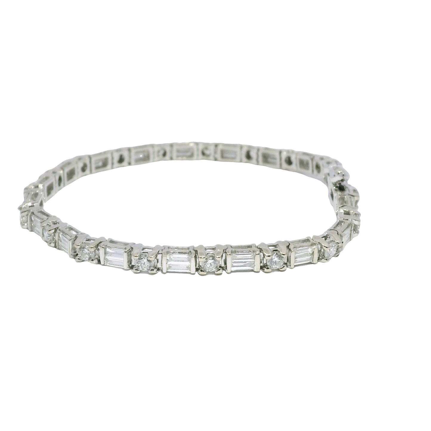 14k White Gold Natural Round Brilliant & Baguette Cut Diamond Tennis Bracelet