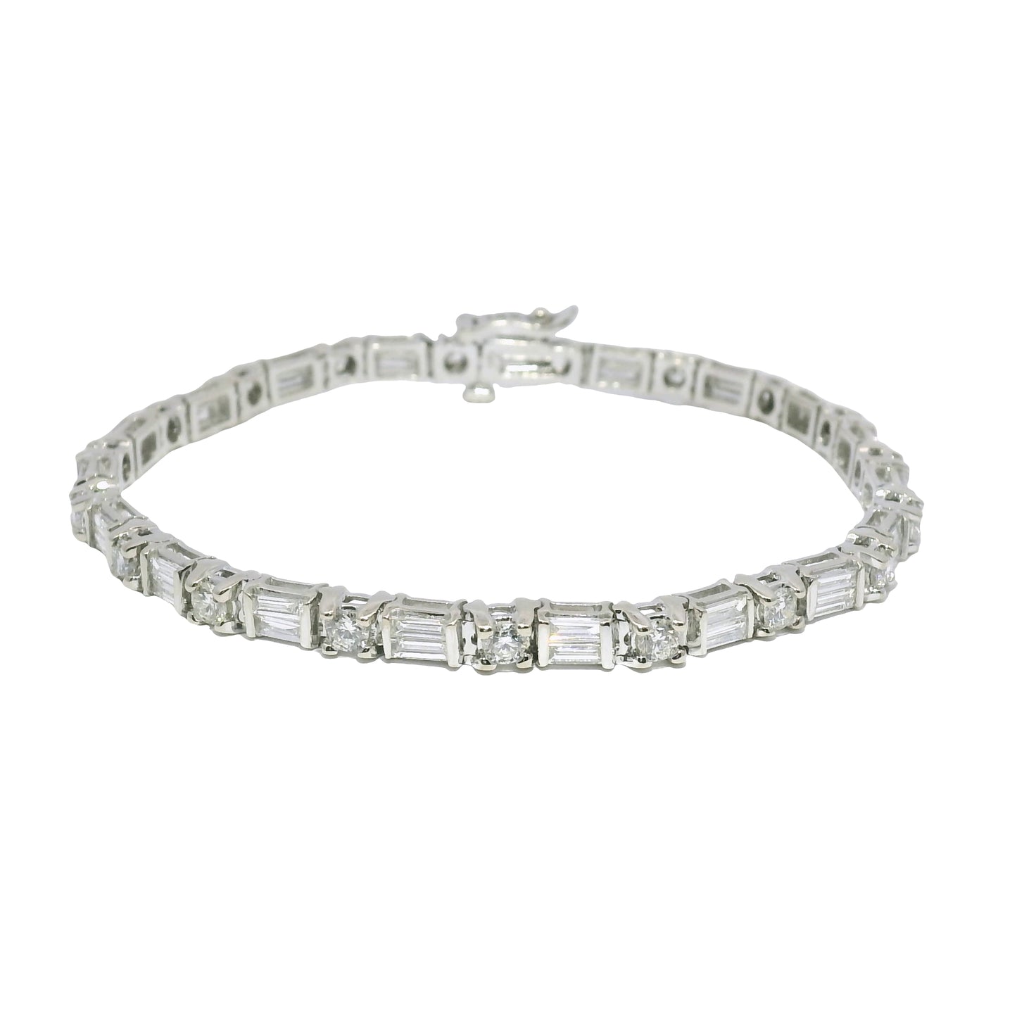 14k White Gold Natural Round Brilliant & Baguette Cut Diamond Tennis Bracelet