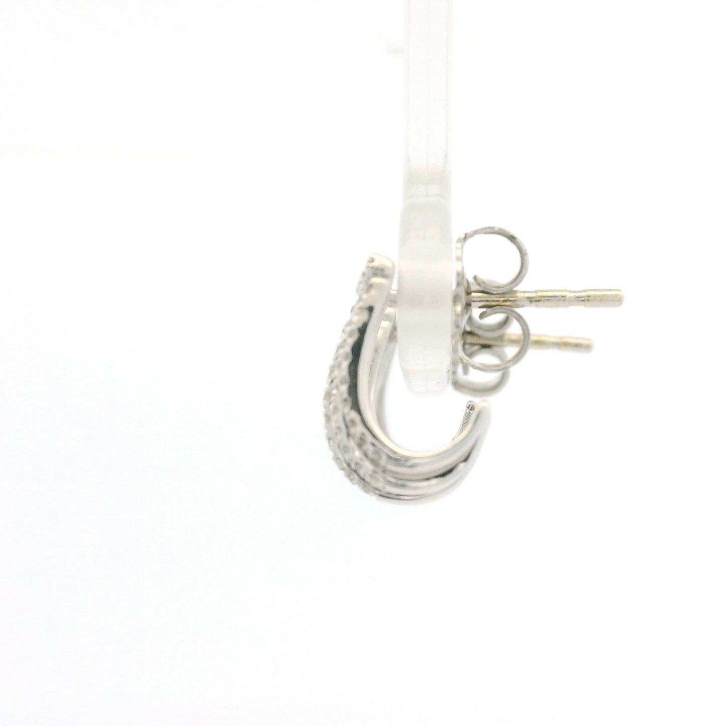 14K White Gold Natural Round Brilliant Diamond Pave Curved Huggie Earrings
