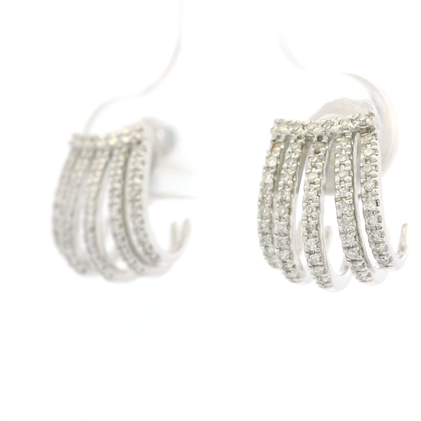 14K White Gold Natural Round Brilliant Diamond Pave Curved Huggie Earrings