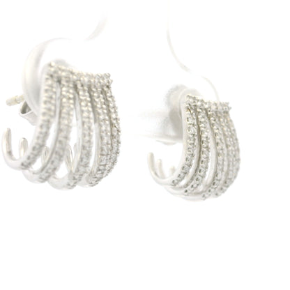 14K White Gold Natural Round Brilliant Diamond Pave Curved Huggie Earrings