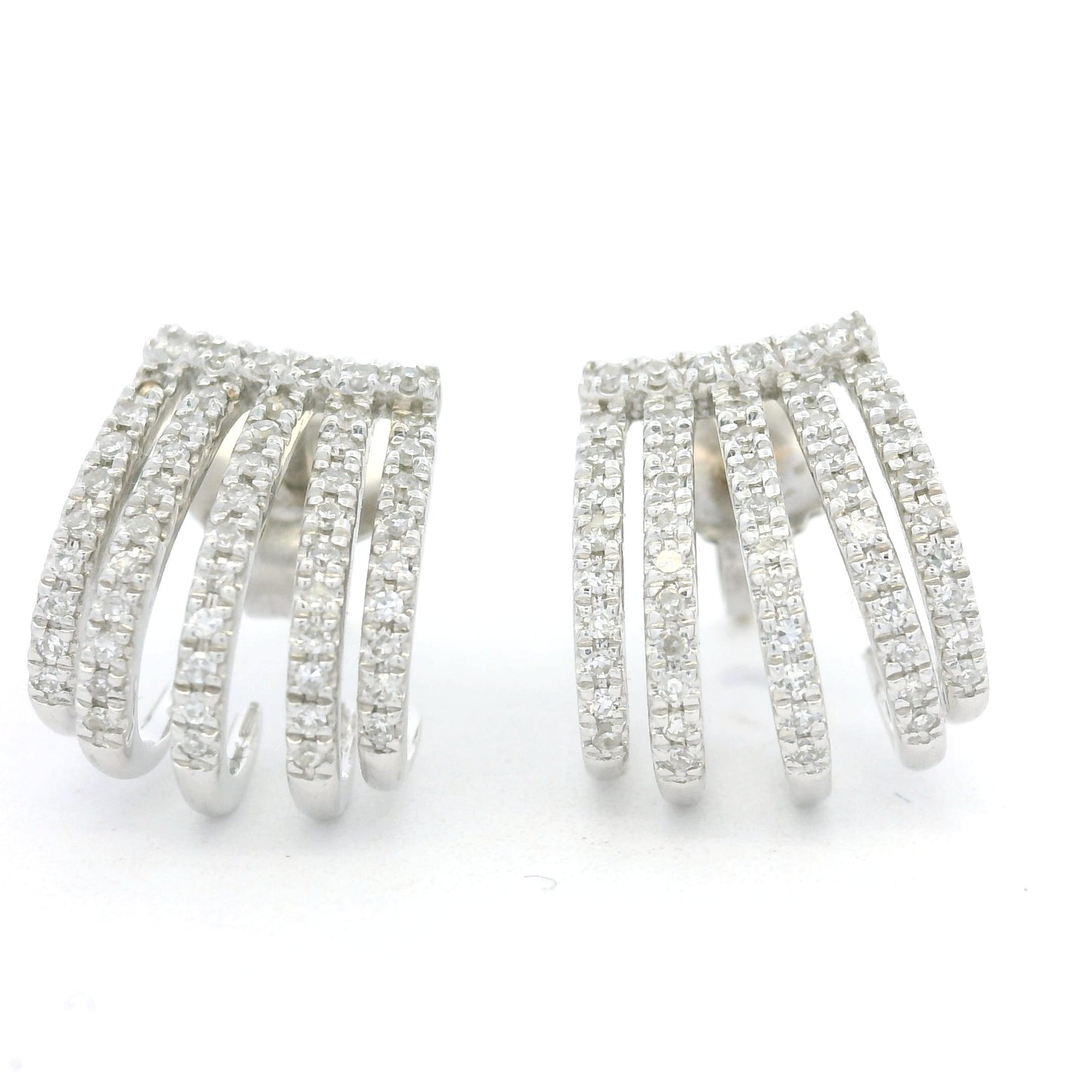 14K White Gold Natural Round Brilliant Diamond Pave Curved Huggie Earrings