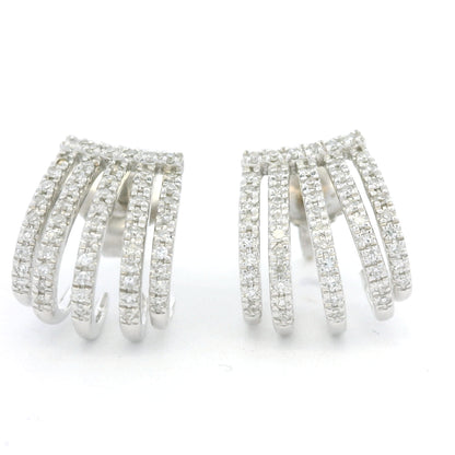 14K White Gold Natural Round Brilliant Diamond Pave Curved Huggie Earrings