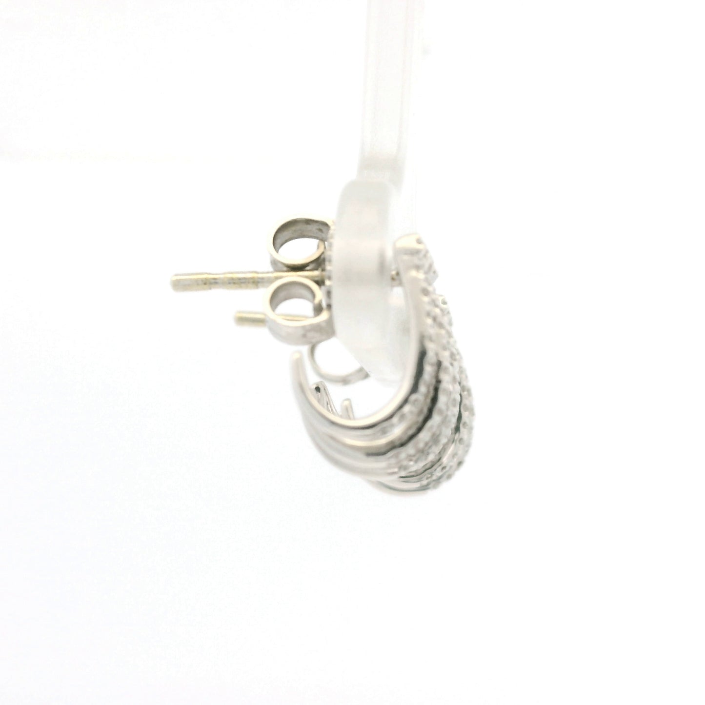 14K White Gold Natural Round Brilliant Diamond Pave Curved Huggie Earrings