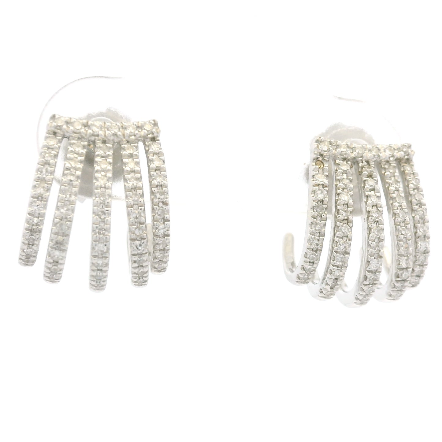 14K White Gold Natural Round Brilliant Diamond Pave Curved Huggie Earrings