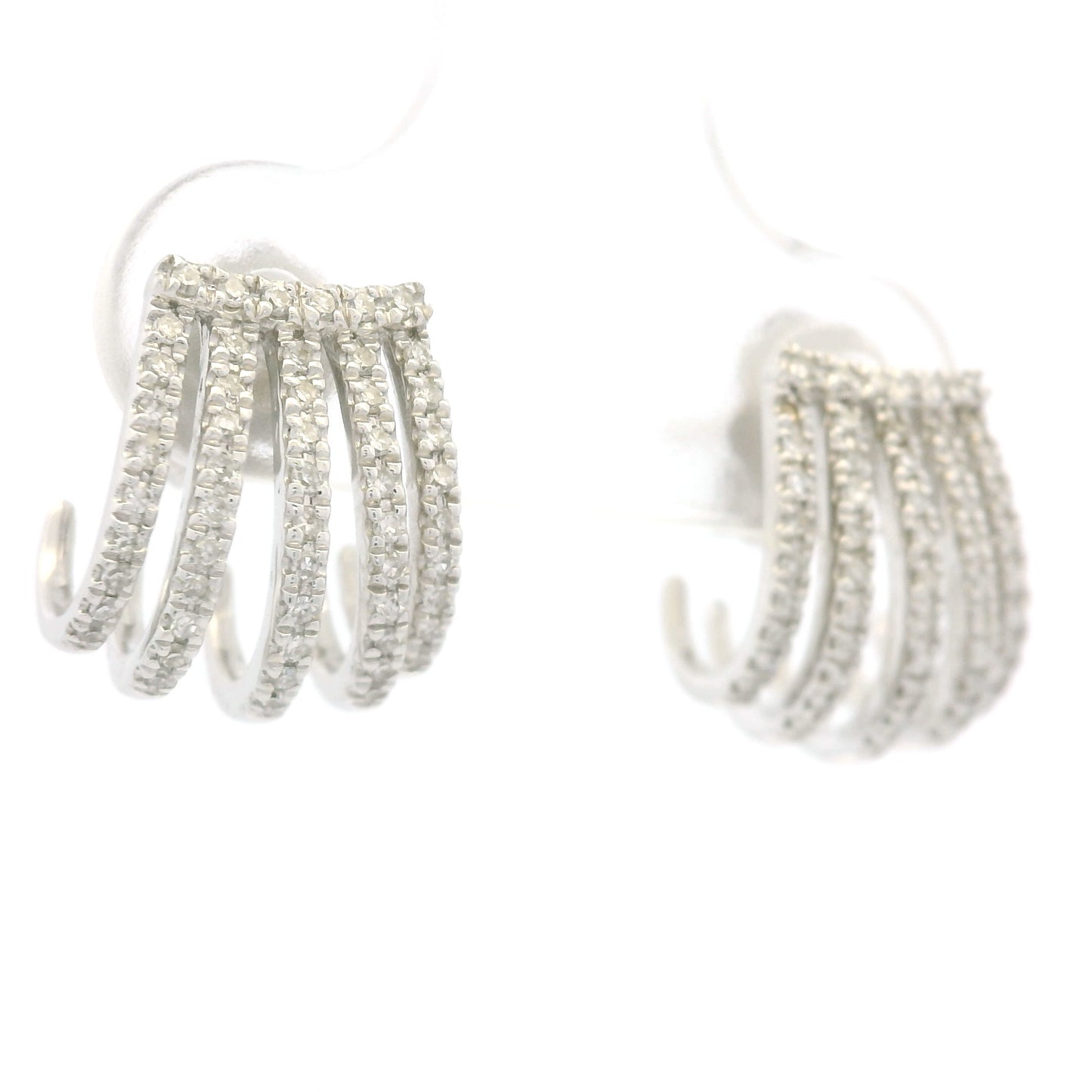 14K White Gold Natural Round Brilliant Diamond Pave Curved Huggie Earrings