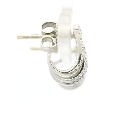 14K White Gold Natural Round Brilliant Diamond Pave Curved Huggie Earrings