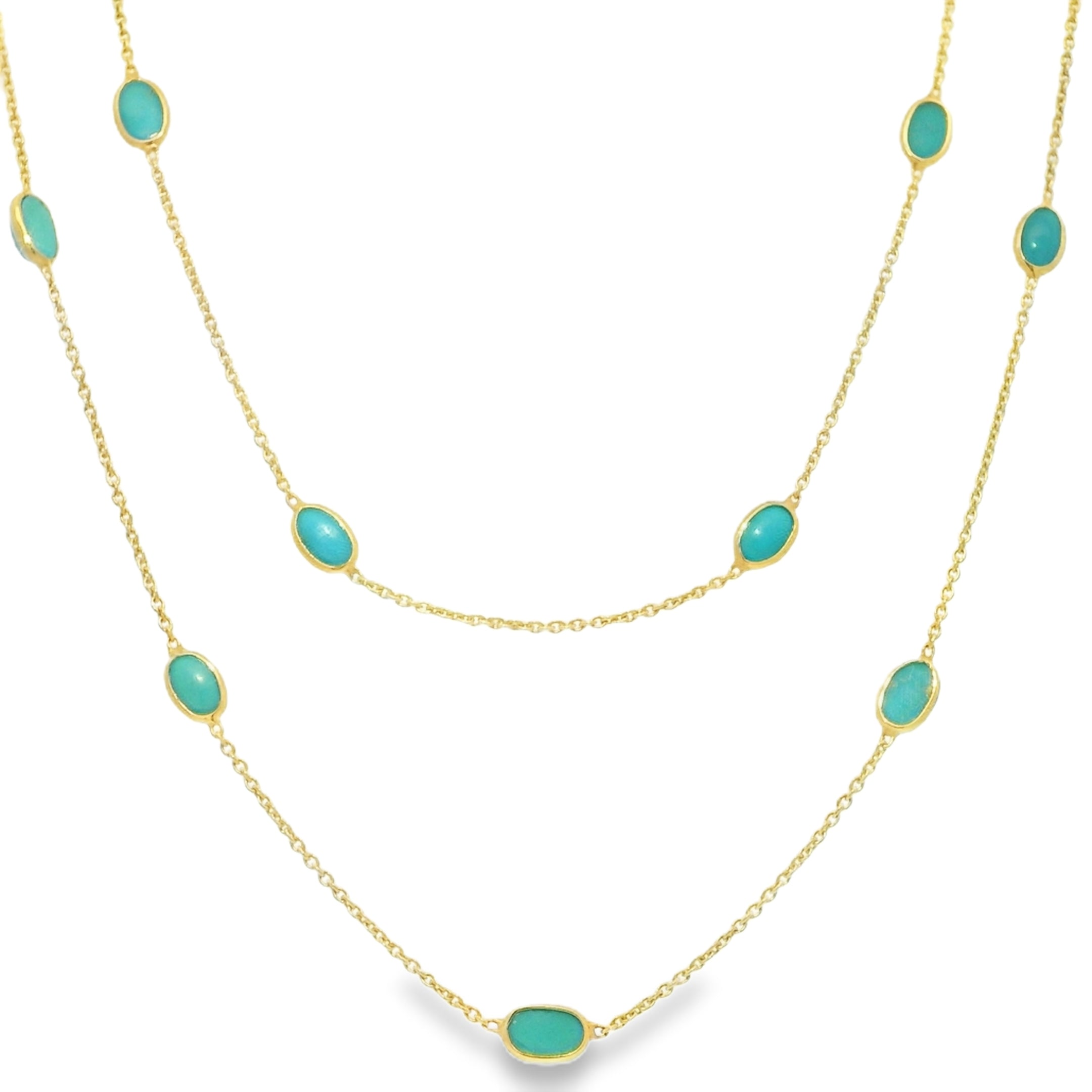 14k Yellow Gold 38" Long Turquoise Bezel Set Station Necklace