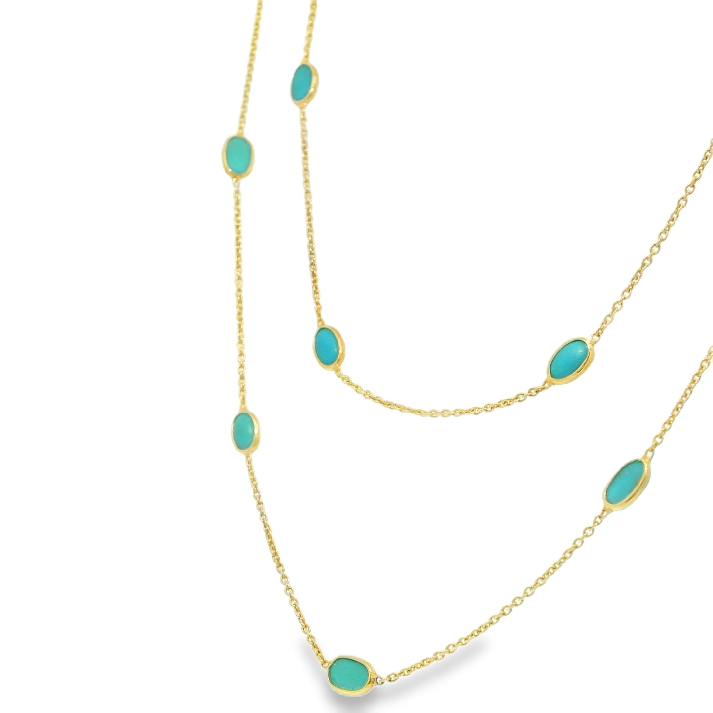 14k Yellow Gold 38" Long Turquoise Bezel Set Station Necklace