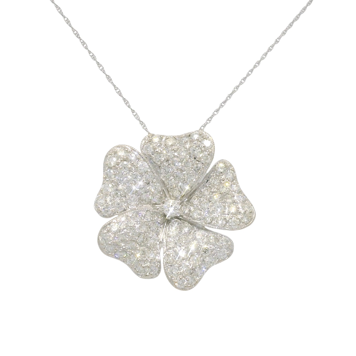 18k White Gold Natural Diamond Pave Flower Pendant Necklace