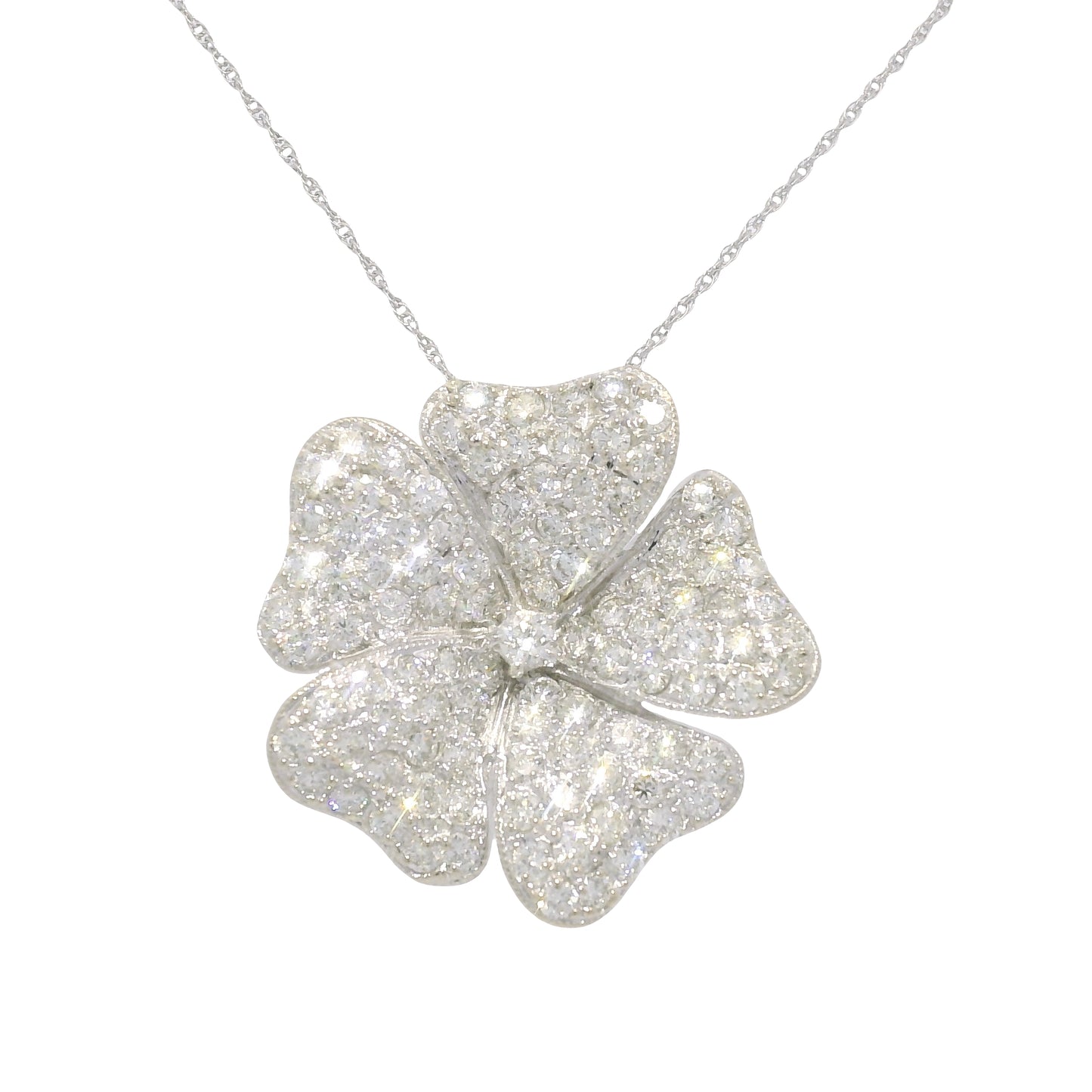 18k White Gold Natural Diamond Pave Flower Pendant Necklace