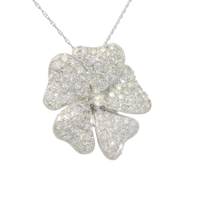 18k White Gold Natural Diamond Pave Flower Pendant Necklace