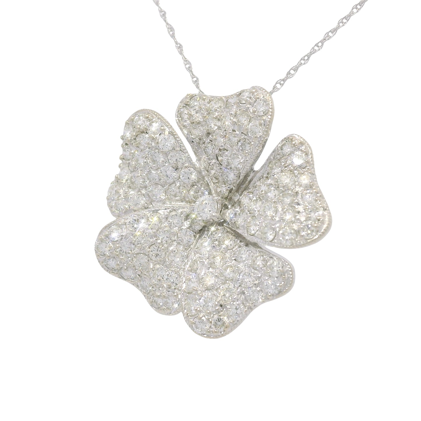 18k White Gold Natural Diamond Pave Flower Pendant Necklace