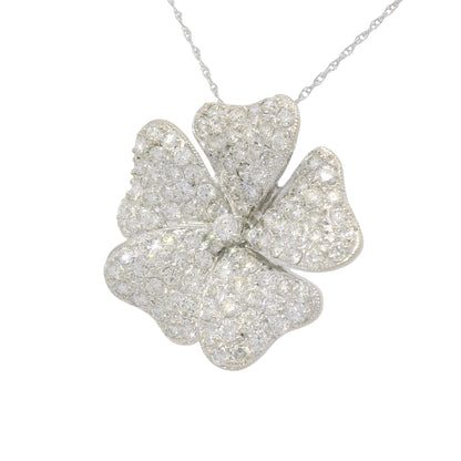18k White Gold Natural Diamond Pave Flower Pendant Necklace
