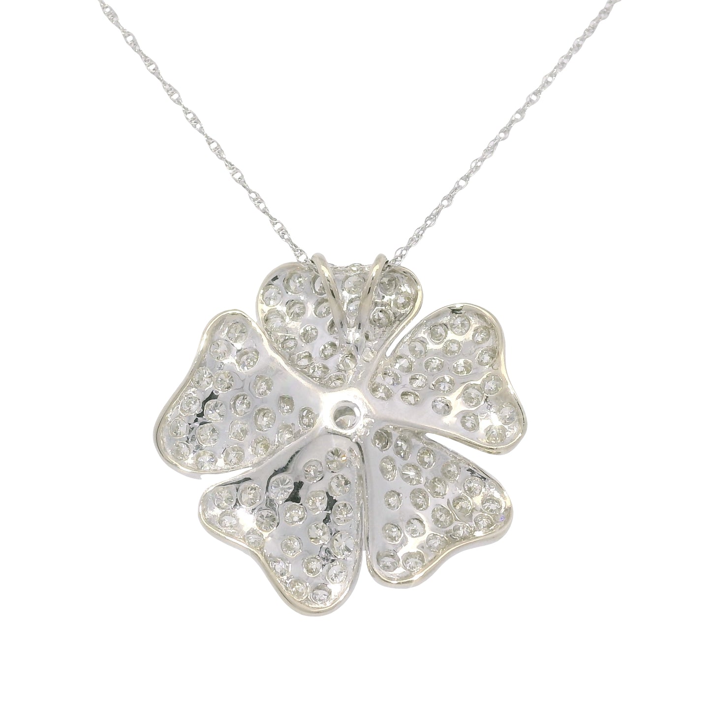 18k White Gold Natural Diamond Pave Flower Pendant Necklace