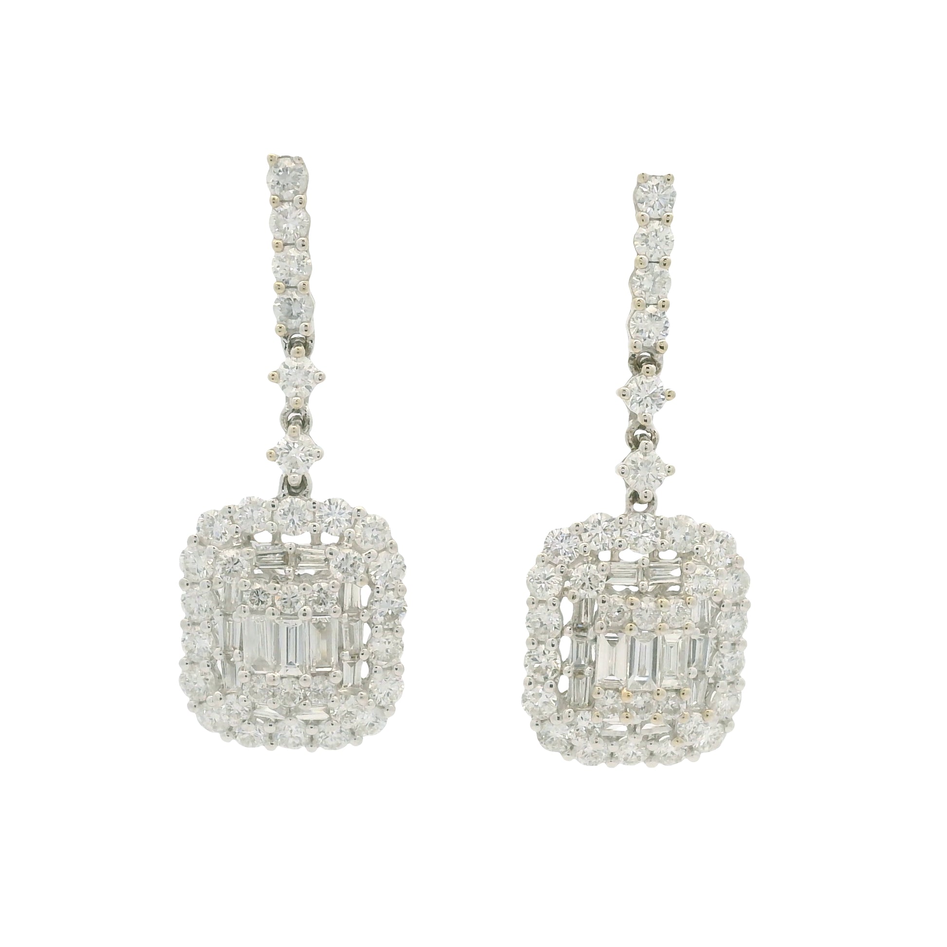 18k White Gold Natural Diamond Mosaic Rectangular Dangle Earrings