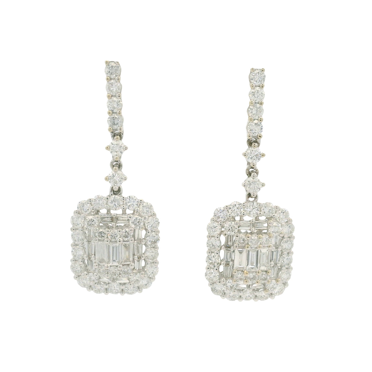 18k White Gold Natural Diamond Mosaic Rectangular Dangle Earrings