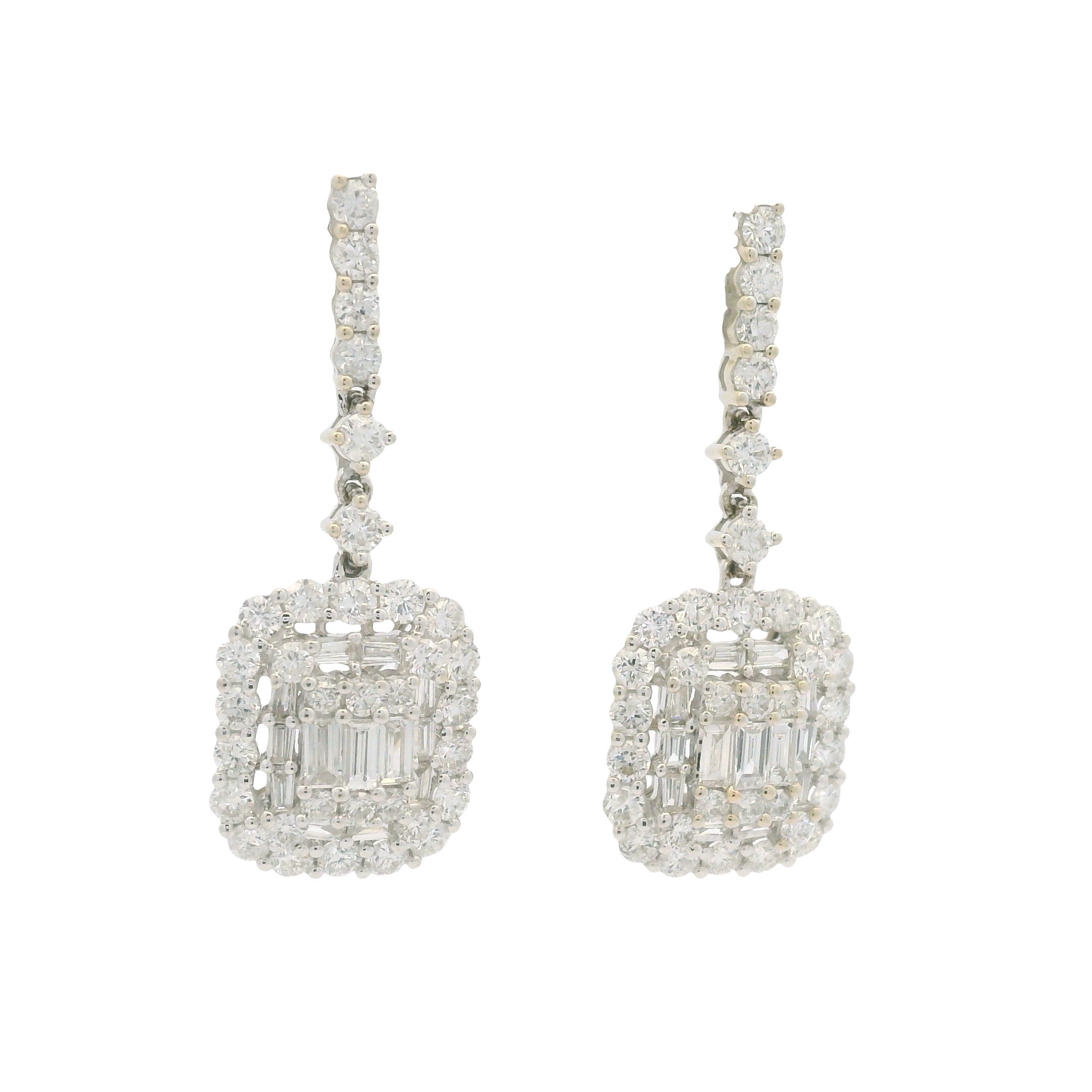 18k White Gold Natural Diamond Mosaic Rectangular Dangle Earrings